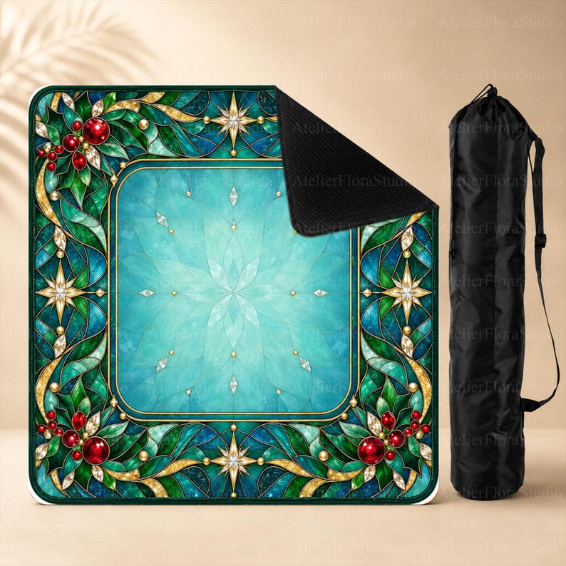 Teal Christmas Mahjong Mat, Holly Berry Non-Slip Noise Reducing Table Cover, Winter Holiday Table Mat