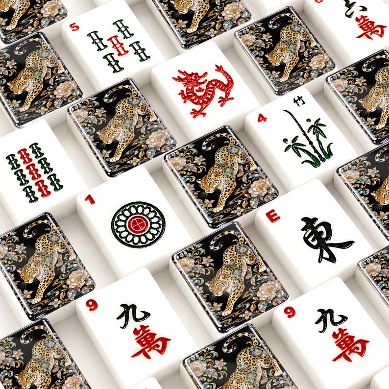 Luxury Leopard Floral Mahjong Tiles Set, 166 Acrylic American Mahjong Tiles, Chinoiserie Game Night Gift
