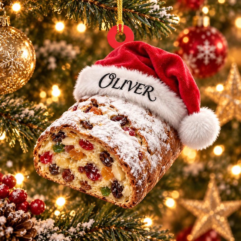 Personalized Christmas Stollen Acrylic Ornament, Custom Name Fruit Bread Santa Hat Tree Decor, Holiday Keepsake Gift
