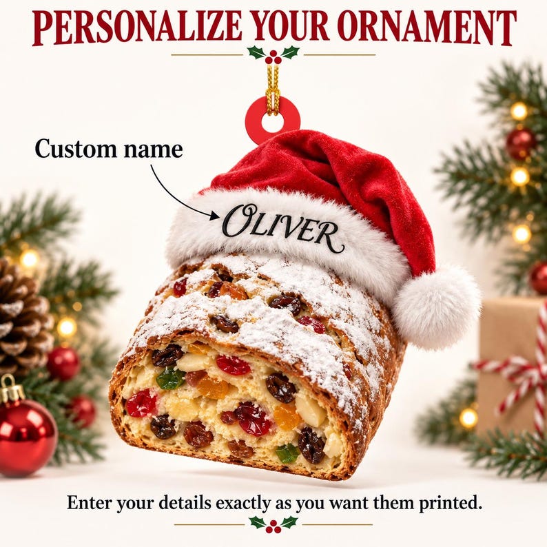 Personalized Christmas Stollen Acrylic Ornament, Custom Name Fruit Bread Santa Hat Tree Decor, Holiday Keepsake Gift