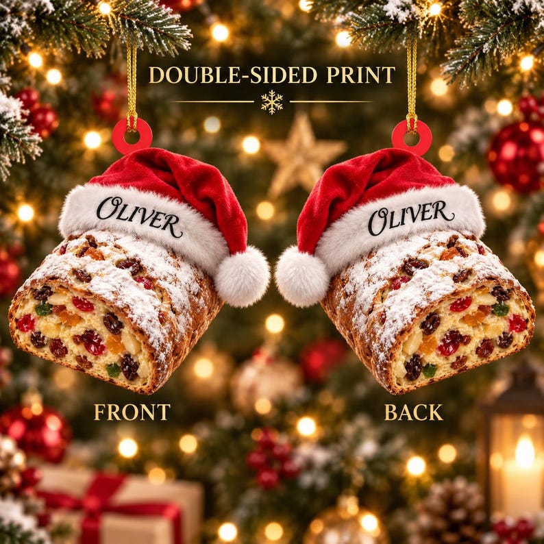 Personalized Christmas Stollen Acrylic Ornament, Custom Name Fruit Bread Santa Hat Tree Decor, Holiday Keepsake Gift