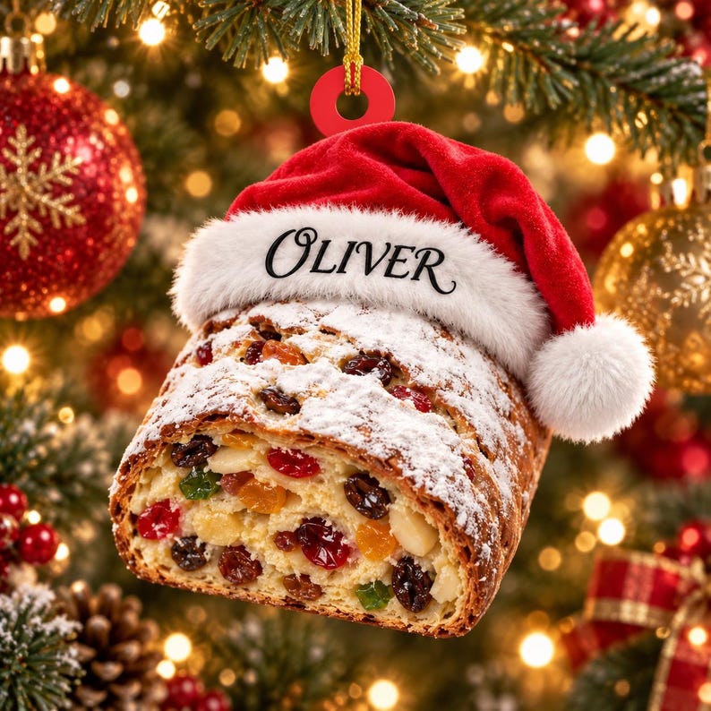 Personalized Christmas Stollen Acrylic Ornament, Custom Name Fruit Bread Santa Hat Tree Decor, Holiday Keepsake Gift