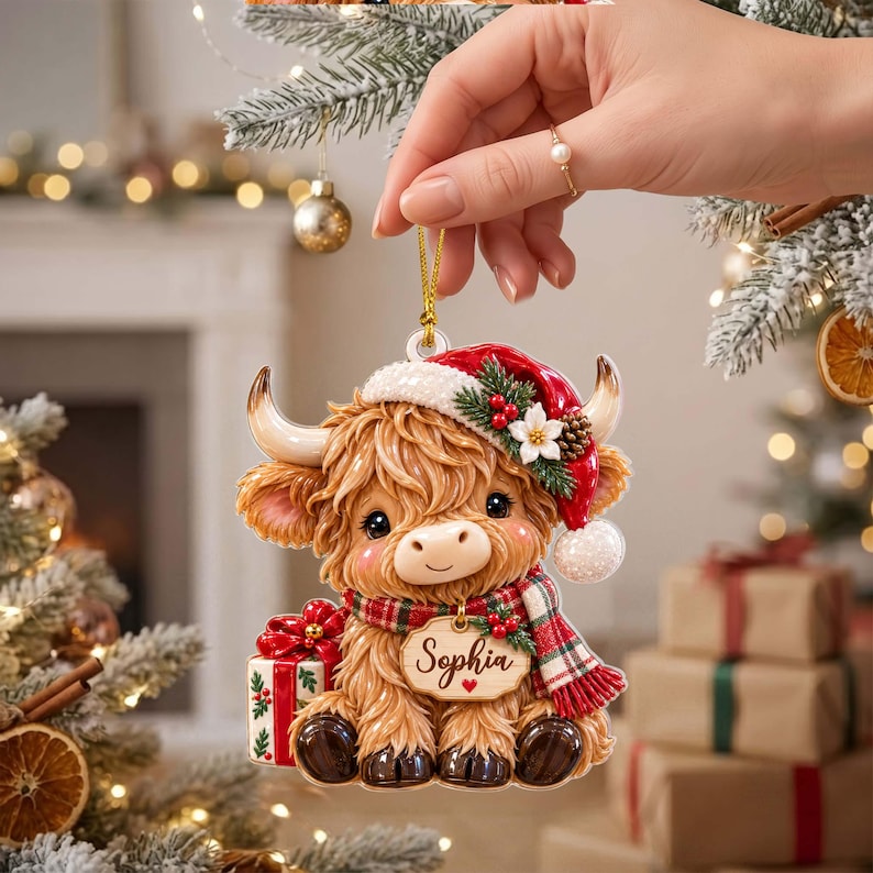 Personalized Highland Cow Christmas Ornament, Cow Farm 3D Relief Acrylic Ornament, Cute Cow Xmas Tree Decor Gift