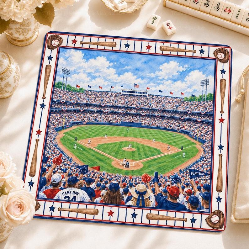 Baseball Stadium Mahjong Mat, Game Day American Mahjong, Red White Blue Non Slip Game Mat