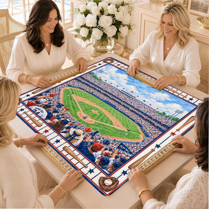 Baseball Stadium Mahjong Mat, Game Day American Mahjong, Red White Blue Non Slip Game Mat