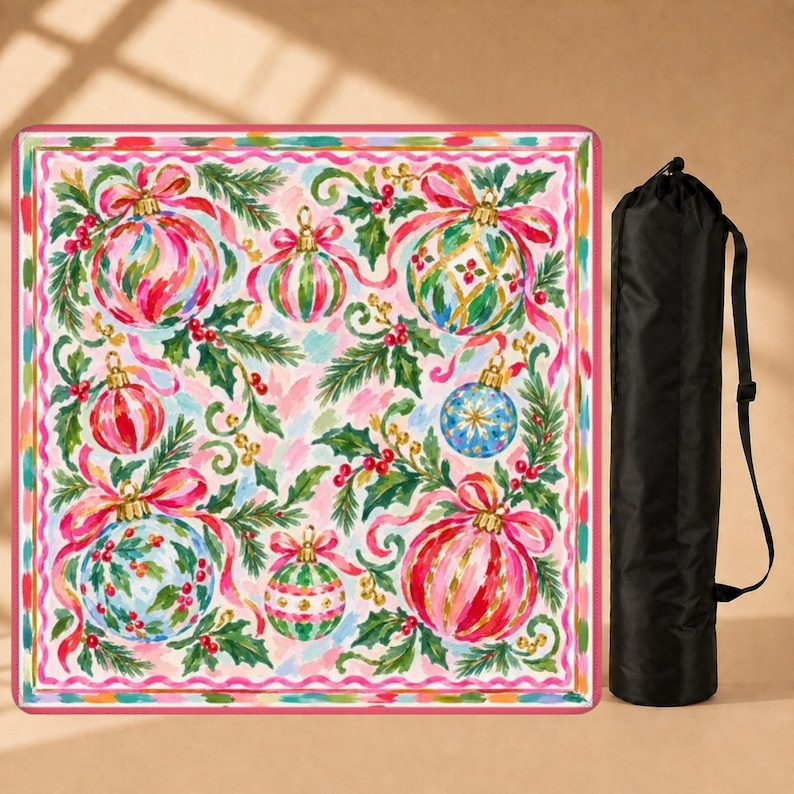 Hippie Holiday Mahjong Mat, Colorful Christmas Ornaments Pink Ribbon Game Mat, American Mahjong Table Cover