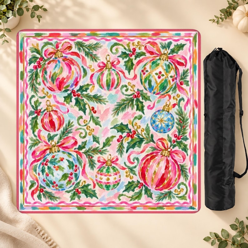 Hippie Holiday Mahjong Mat, Colorful Christmas Ornaments Pink Ribbon Game Mat, American Mahjong Table Cover