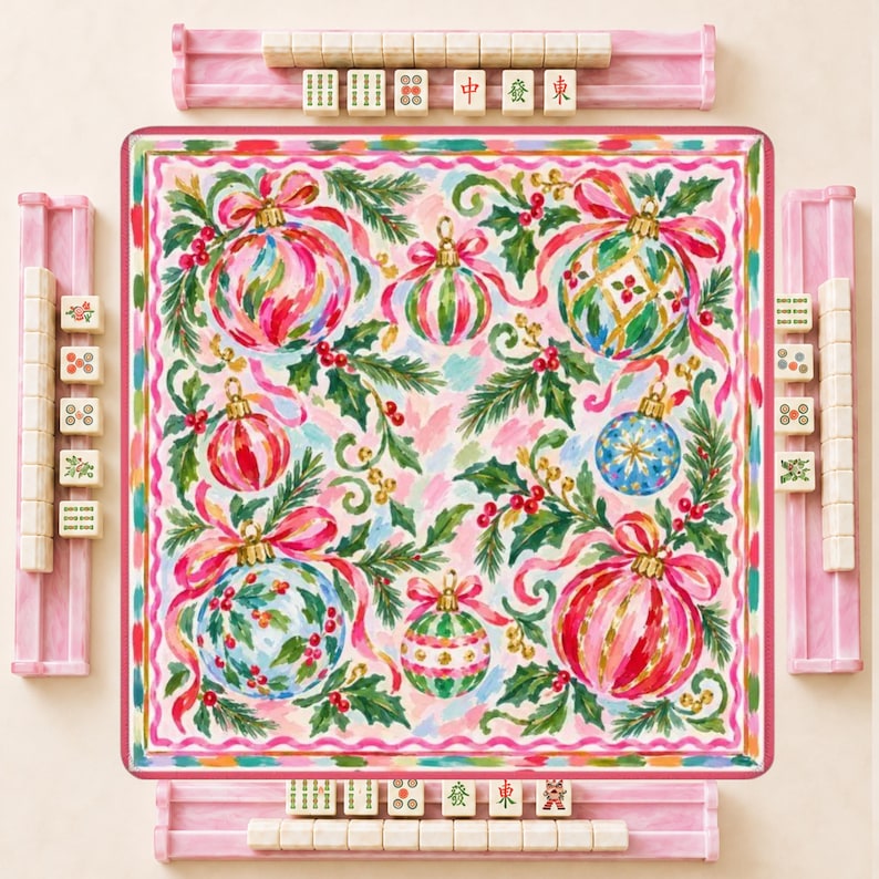 Hippie Holiday Mahjong Mat, Colorful Christmas Ornaments Pink Ribbon Game Mat, American Mahjong Table Cover