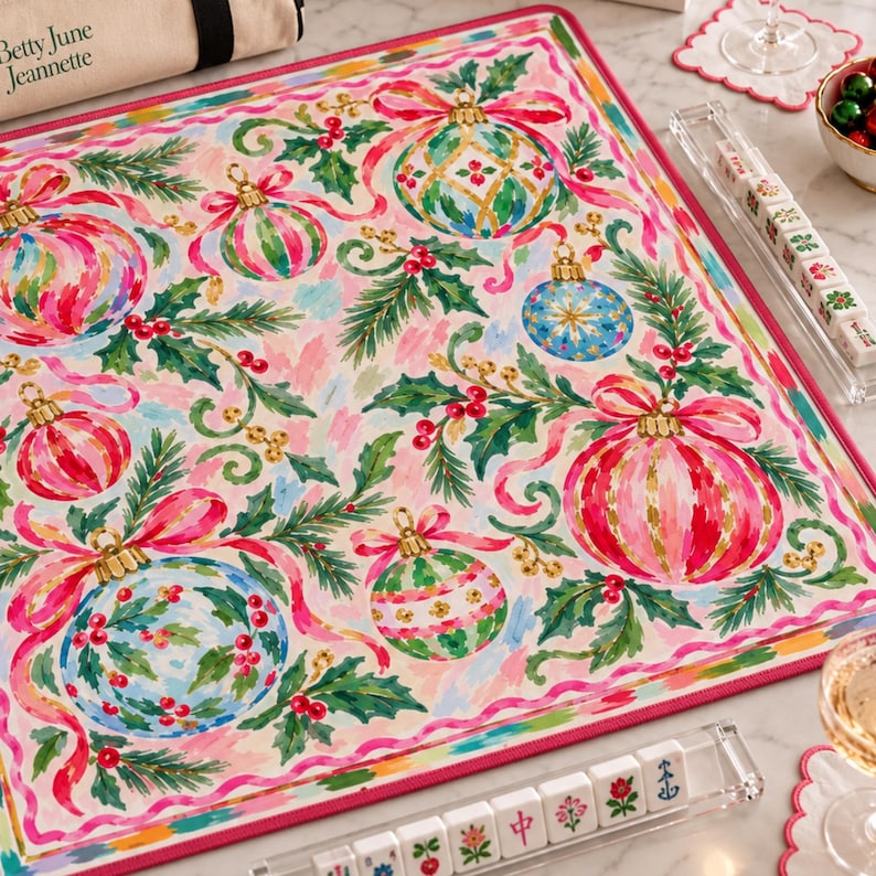 Hippie Holiday Mahjong Mat, Colorful Christmas Ornaments Pink Ribbon Game Mat, American Mahjong Table Cover