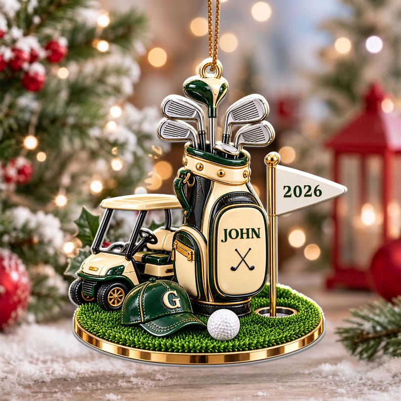 Personalized Golf Bag Ornament, Acrylic Xmas Tree Decor, Custom Name Golf Lover Christmas Gift