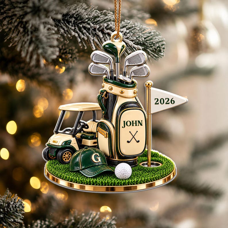 Personalized Golf Bag Ornament, Acrylic Xmas Tree Decor, Custom Name Golf Lover Christmas Gift