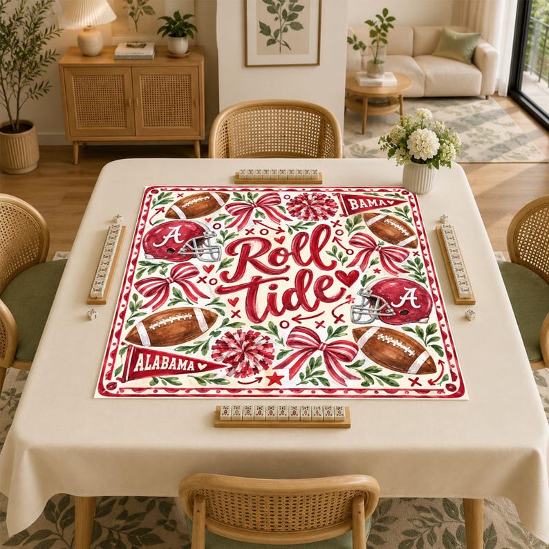 Roll Tide Alabama Mahjong Mat, Crimson Football Helmet Preppy Tailgate Game Night Gift, American Mahjong Table Cover