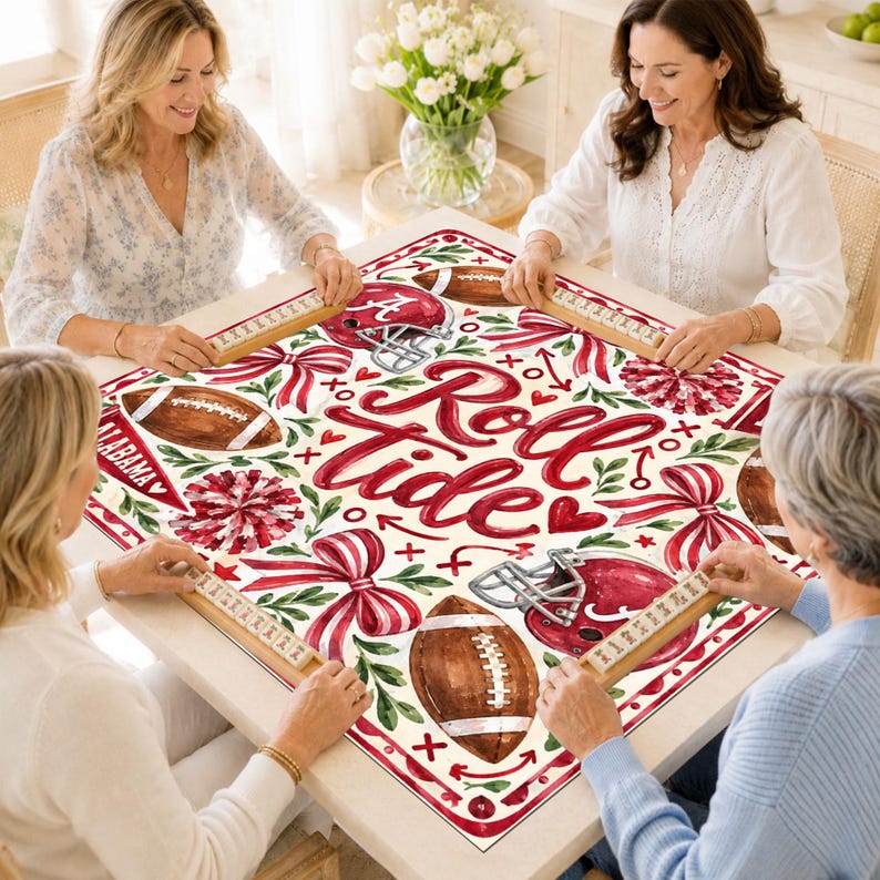 Roll Tide Alabama Mahjong Mat, Crimson Football Helmet Preppy Tailgate Game Night Gift, American Mahjong Table Cover