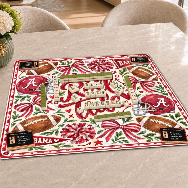 Roll Tide Alabama Mahjong Mat, Crimson Football Helmet Preppy Tailgate Game Night Gift, American Mahjong Table Cover