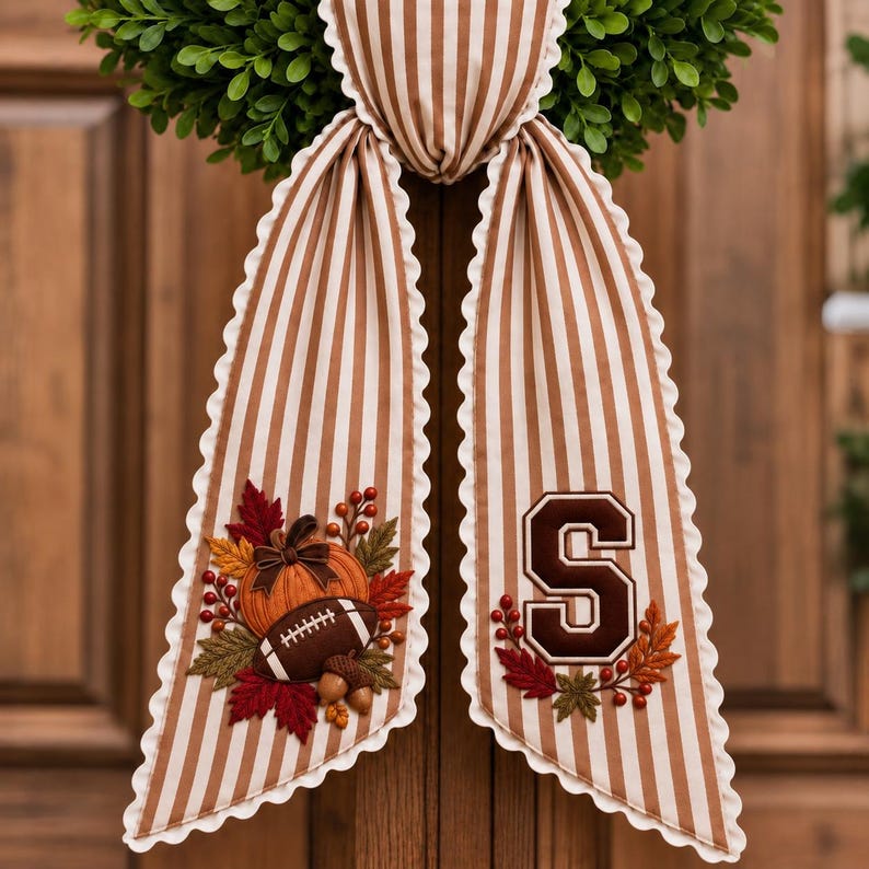 Personalized Football Pumpkin Monogram Bow Sash, Custom Embroidery Fall Wreath Sash, Custom Initial Fall Door Decor