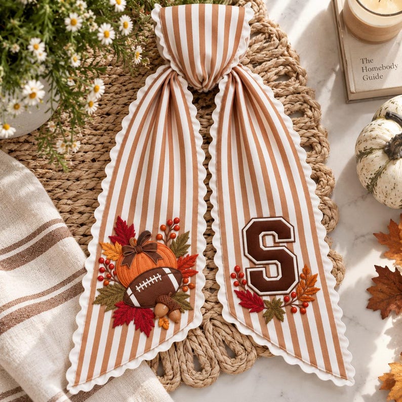 Personalized Football Pumpkin Monogram Bow Sash, Custom Embroidery Fall Wreath Sash, Custom Initial Fall Door Decor