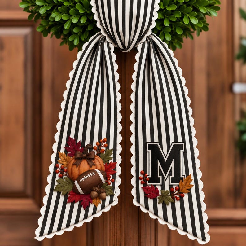 Personalized Football Pumpkin Monogram Bow Sash, Custom Embroidery Fall Wreath Sash, Custom Initial Fall Door Decor
