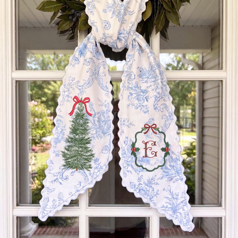 Embroidered Monogram Christmas Tree Wreath Sash, Toile Front Door Ribbon, Grandmillennial Gift