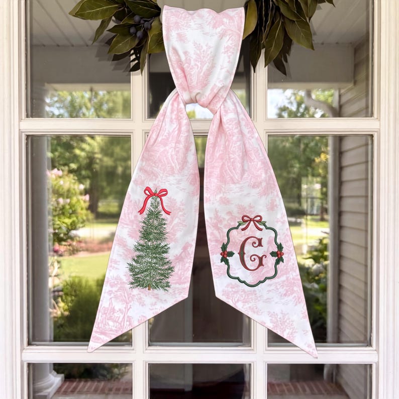Embroidered Monogram Christmas Tree Wreath Sash, Toile Front Door Ribbon, Grandmillennial Gift