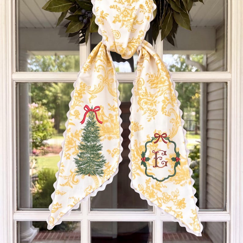 Embroidered Monogram Christmas Tree Wreath Sash, Toile Front Door Ribbon, Grandmillennial Gift
