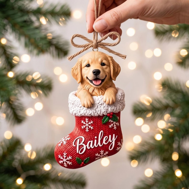 Personalized Pet Stocking Ornament, Custom Photo Dog Cat Ornaments, Christmas Tree Decor, Keepsake Gift for Pet Lovers