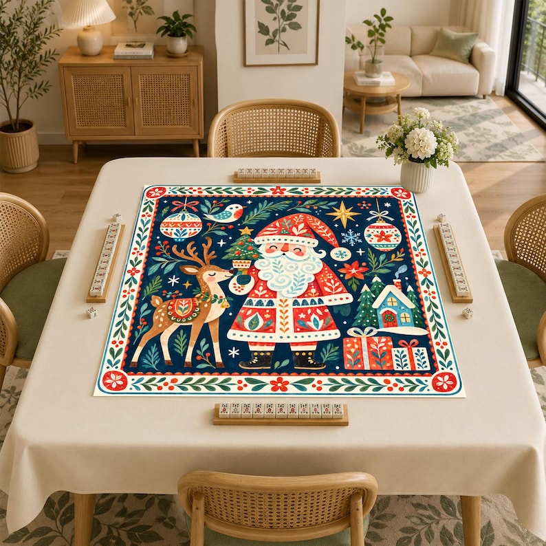 Scandinavian Christmas Mahjong Mat, Nordic Santa Reindeer Folk Art Holiday Table Decor