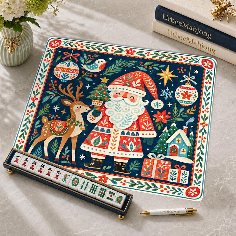 Scandinavian Christmas Mahjong Mat, Nordic Santa Reindeer Folk Art Holiday Table Decor