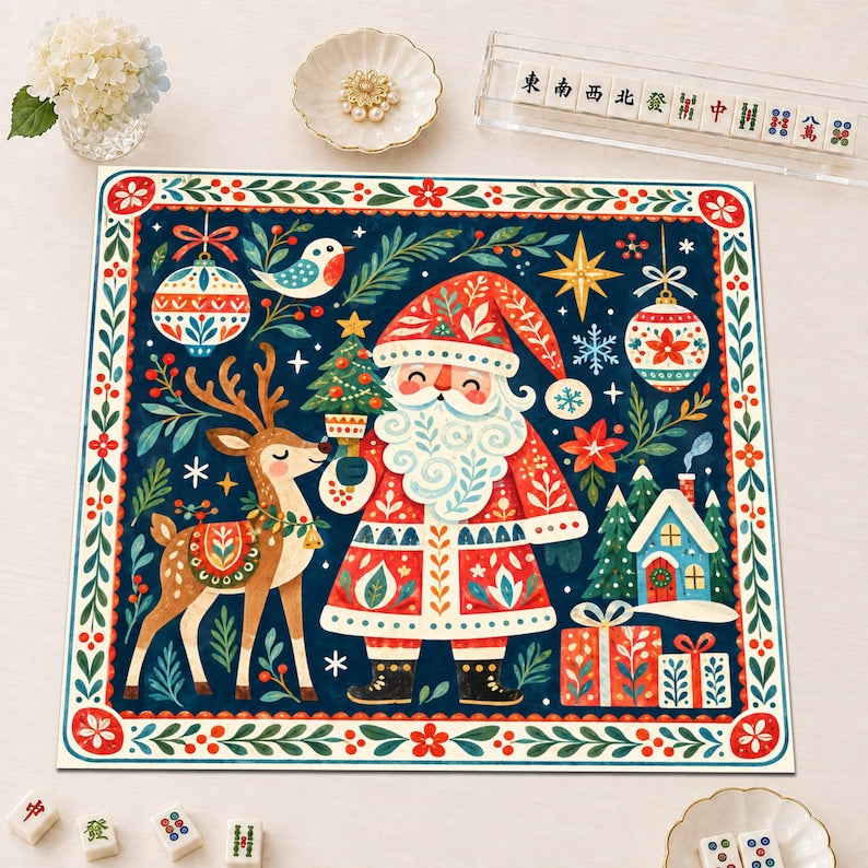 Scandinavian Christmas Mahjong Mat, Nordic Santa Reindeer Folk Art Holiday Table Decor