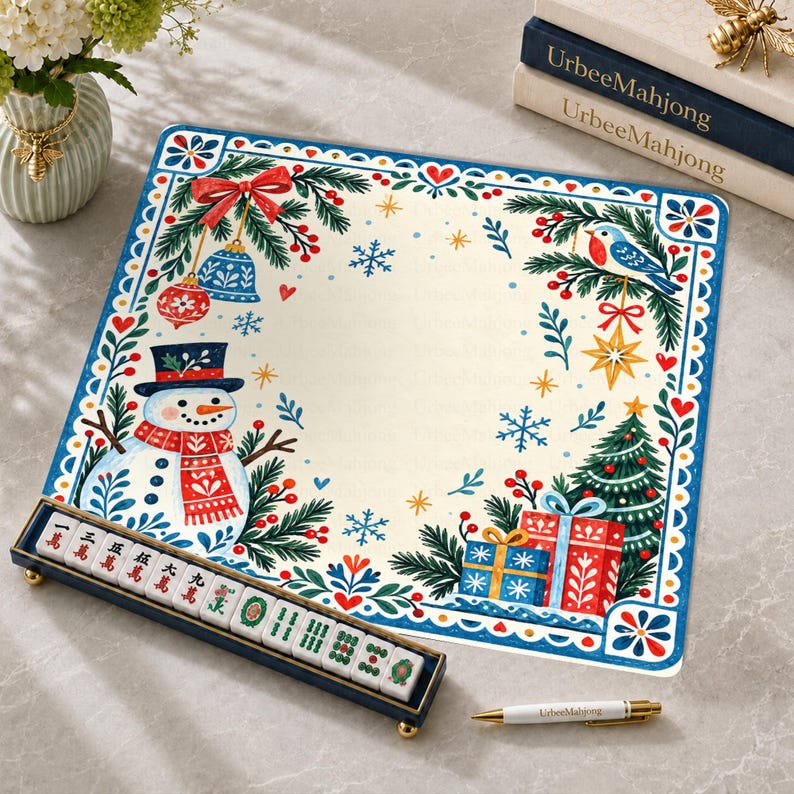 Vintage Snowman Christmas Mahjong Mat, Robin Bird Winter Holiday Game Night Gift, American Mahjong Table Cover