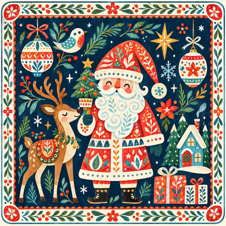 Scandinavian Christmas Mahjong Mat, Nordic Santa Reindeer Folk Art Holiday Table Decor