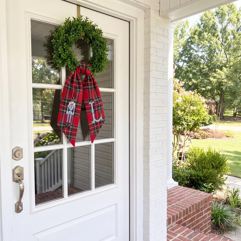 Custom Christmas Wreath Bow, Red Plaid Sash Monogram, Winter Front Door