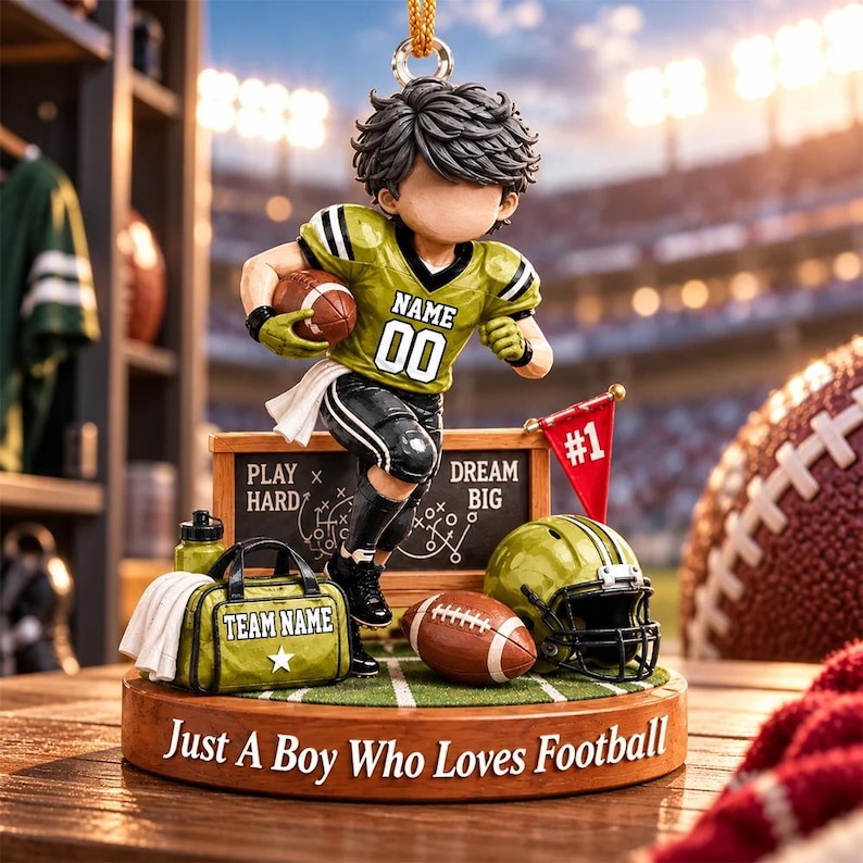 Personalized Just A Boy Who Loves Football Ornament, Custom Player Name & Number Gift, Christmas Keepsake