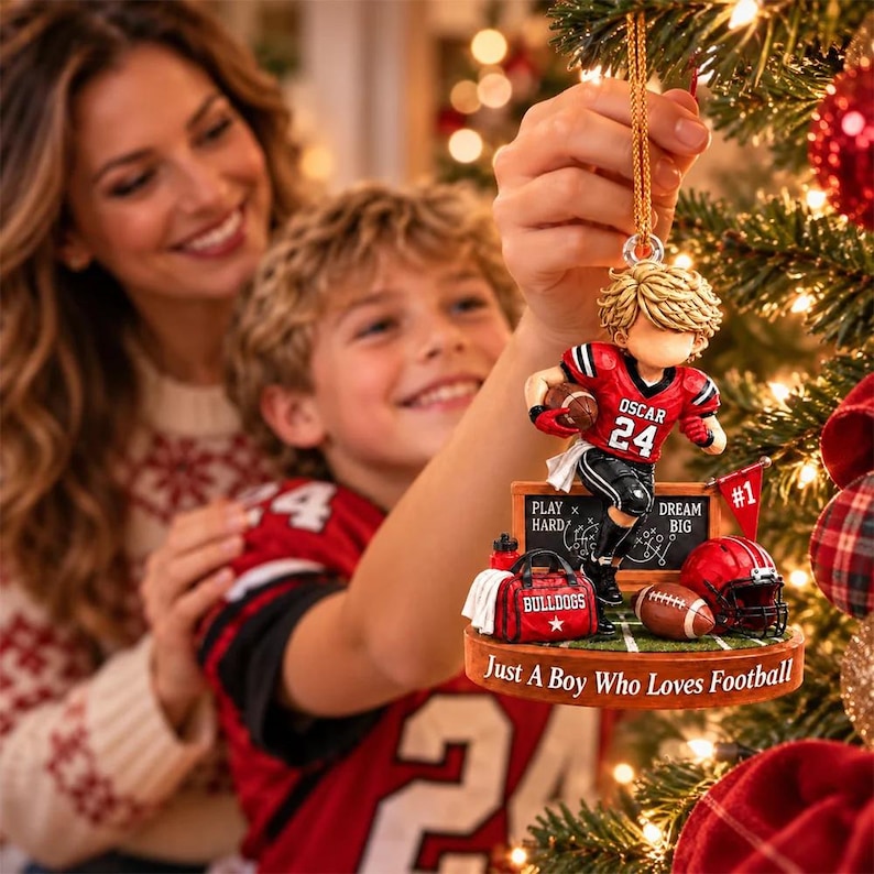 Personalized Just A Boy Who Loves Football Ornament, Custom Player Name & Number Gift, Christmas Keepsake