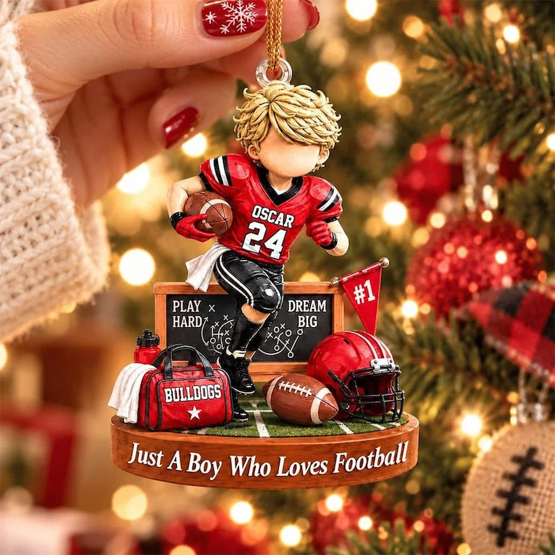 Personalized Just A Boy Who Loves Football Ornament, Custom Player Name & Number Gift, Christmas Keepsake