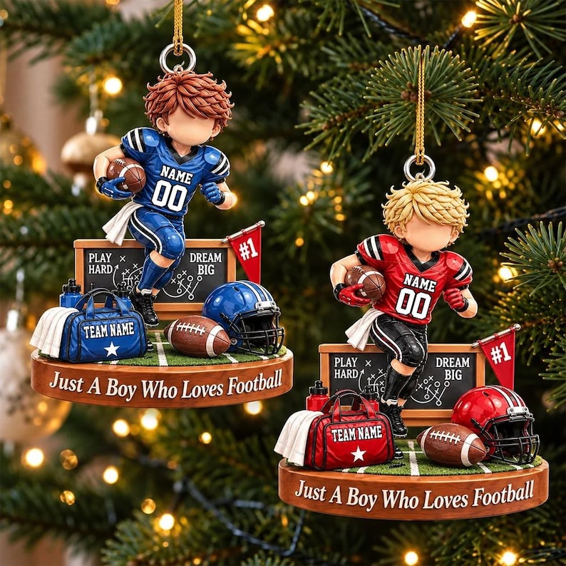 Personalized Just A Boy Who Loves Football Ornament, Custom Player Name & Number Gift, Christmas Keepsake