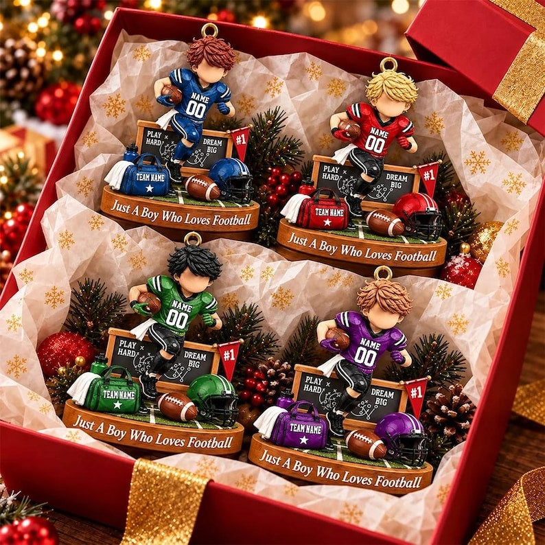 Personalized Just A Boy Who Loves Football Ornament, Custom Player Name & Number Gift, Christmas Keepsake