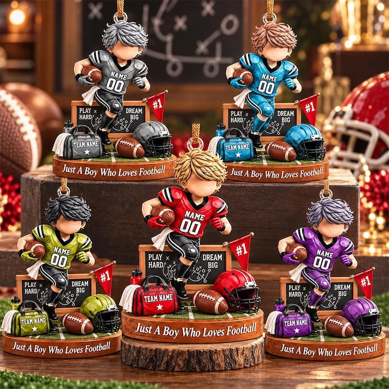 Personalized Just A Boy Who Loves Football Ornament, Custom Player Name & Number Gift, Christmas Keepsake