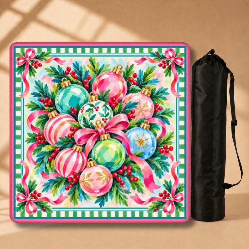 The Jingle Belle Mahjong Mat, Pink Christmas Baubles & Ribbon Playmat, American Mahjong Game Night Gift