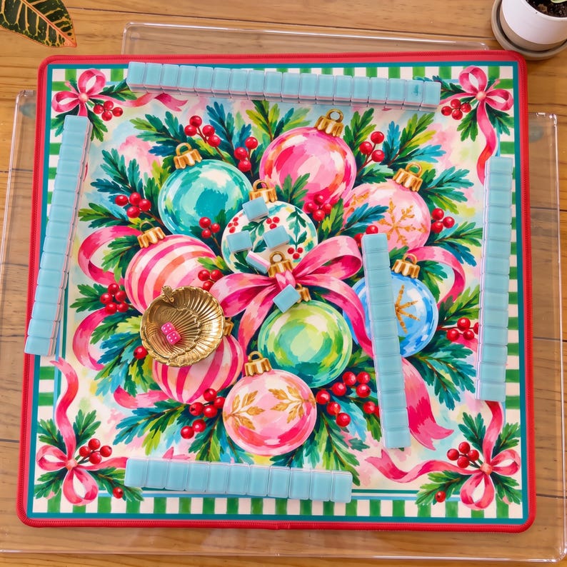 The Jingle Belle Mahjong Mat, Pink Christmas Baubles & Ribbon Playmat, American Mahjong Game Night Gift