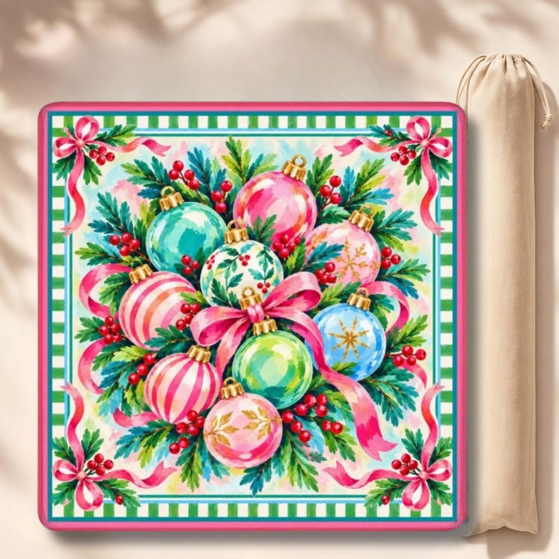 The Jingle Belle Mahjong Mat, Pink Christmas Baubles & Ribbon Playmat, American Mahjong Game Night Gift