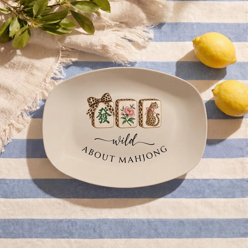 Wild About Mahjong Serving Platter, Custom Leopard Print Oval Tray, Game Night Mahj Group Hostess Gift