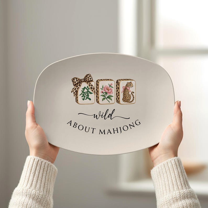 Wild About Mahjong Serving Platter, Custom Leopard Print Oval Tray, Game Night Mahj Group Hostess Gift