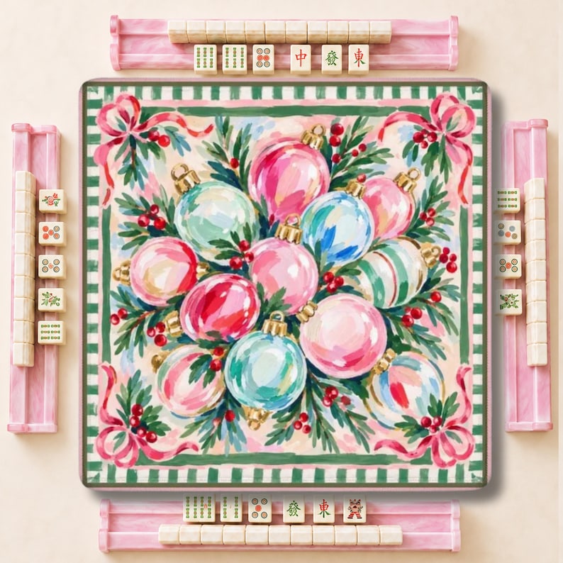 The Most Wonderful Time of The Year Mahjong Mat, American Mahjong Table Cover, Pink Christmas Ornament Bow Game Night Gift