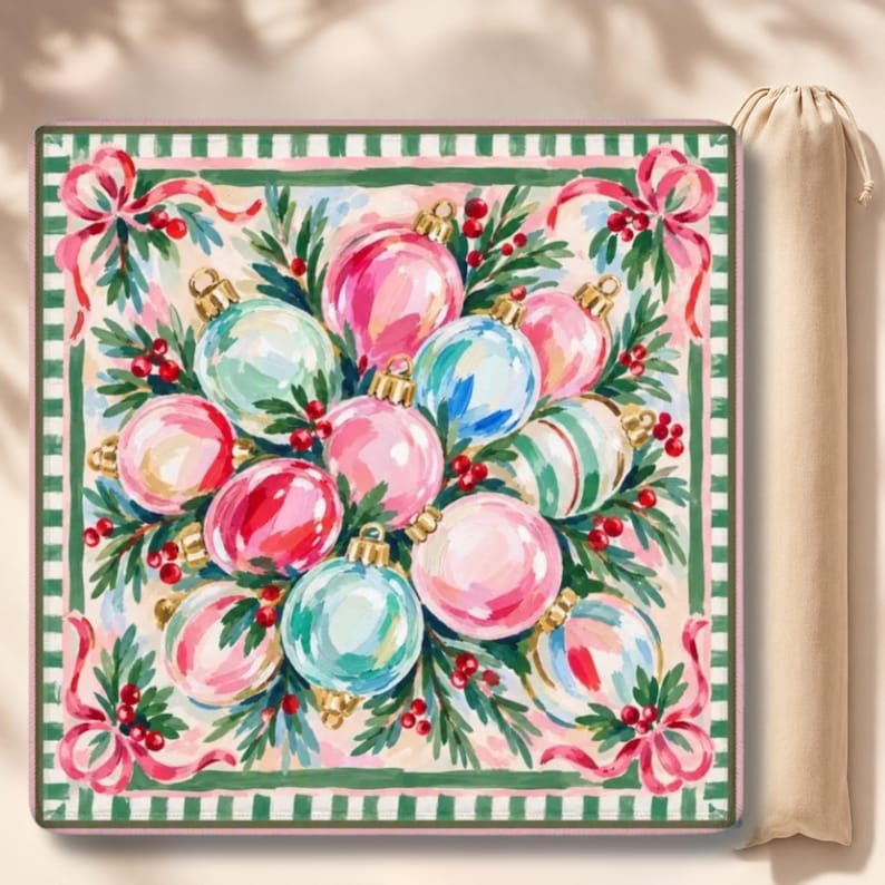 The Most Wonderful Time of The Year Mahjong Mat, American Mahjong Table Cover, Pink Christmas Ornament Bow Game Night Gift