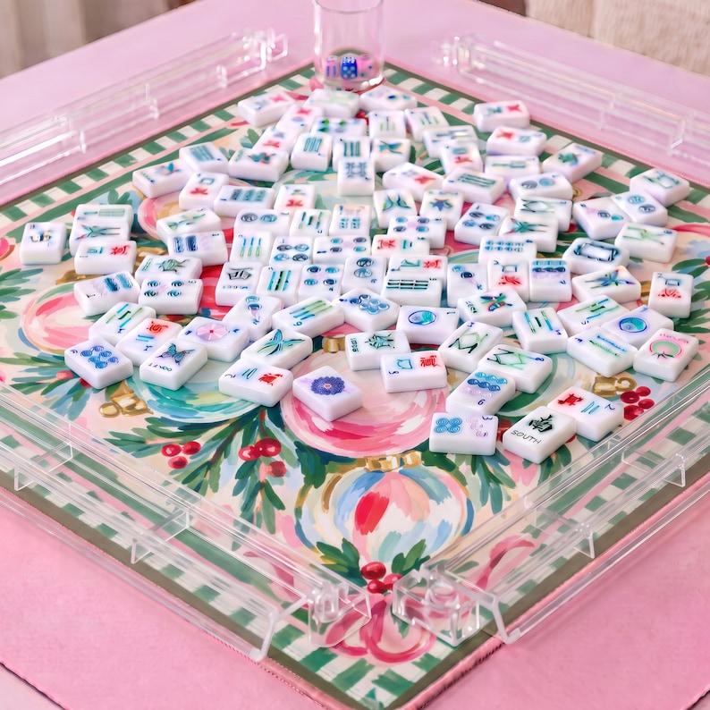 The Most Wonderful Time of The Year Mahjong Mat, American Mahjong Table Cover, Pink Christmas Ornament Bow Game Night Gift