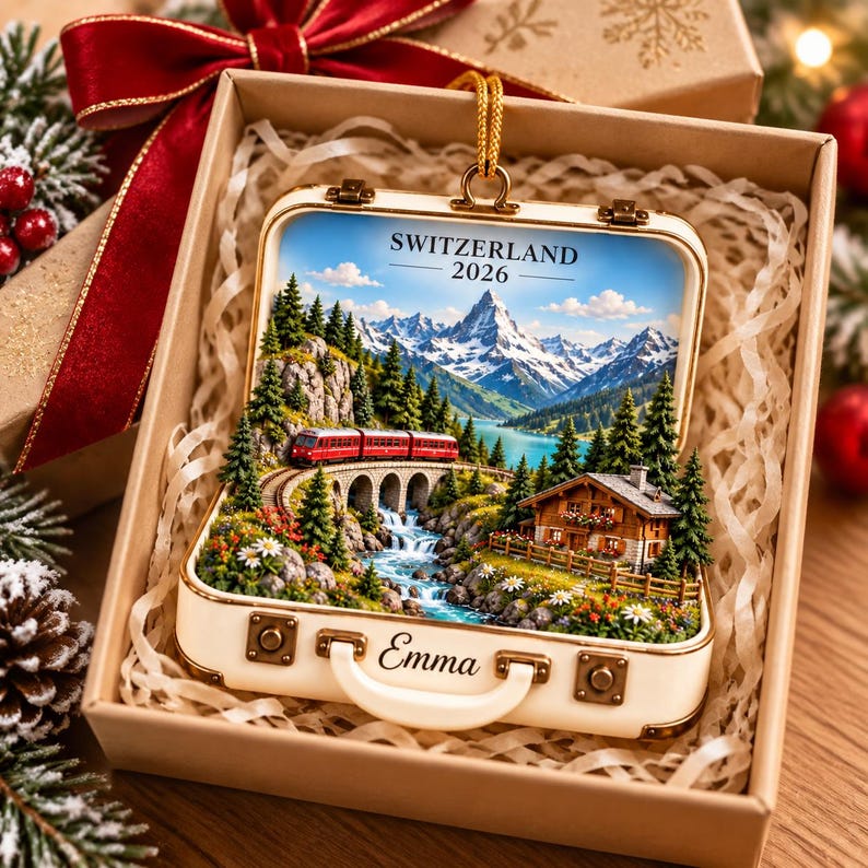 Personalized Switzerland Travel Ornament, Custom Name Swiss Alps Keepsake, Matterhorn Train Vacation Gift