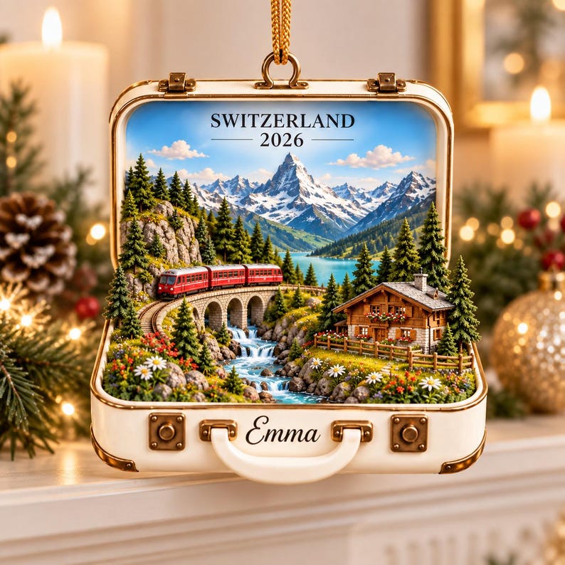 Personalized Switzerland Travel Ornament, Custom Name Swiss Alps Keepsake, Matterhorn Train Vacation Gift