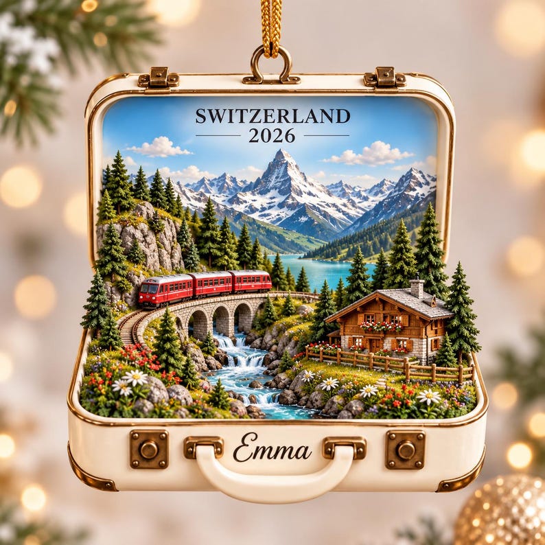 Personalized Switzerland Travel Ornament, Custom Name Swiss Alps Keepsake, Matterhorn Train Vacation Gift