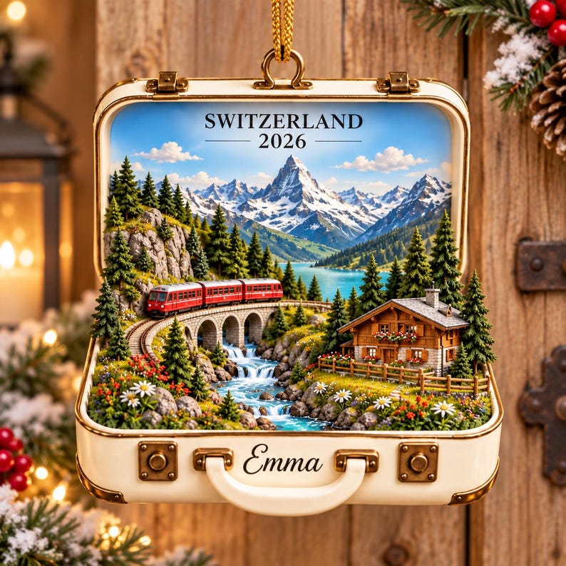 Personalized Switzerland Travel Ornament, Custom Name Swiss Alps Keepsake, Matterhorn Train Vacation Gift