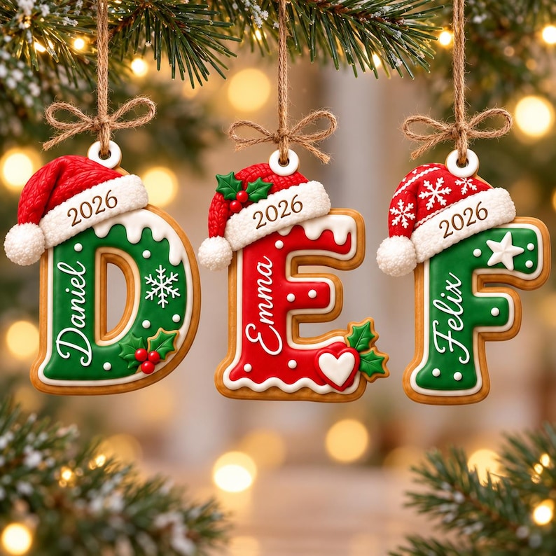 Personalized Christmas Ornament, Custom Name Initial Letter Ornament, 2026 Gingerbread Christmas Gift for Families